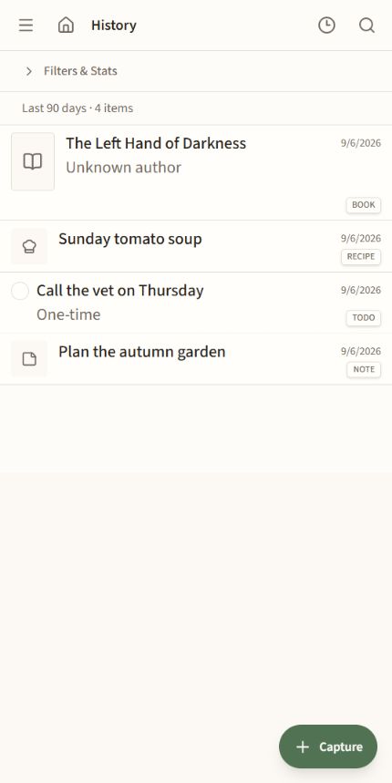 Zicarium mobile view showing recent personal records and the capture action